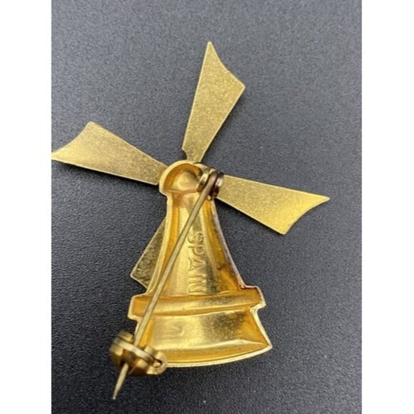 Vintage Windmill Brooch Moving Spins Gold Tone Black Signed SPAIN Whimsical - Picture 4 of 7